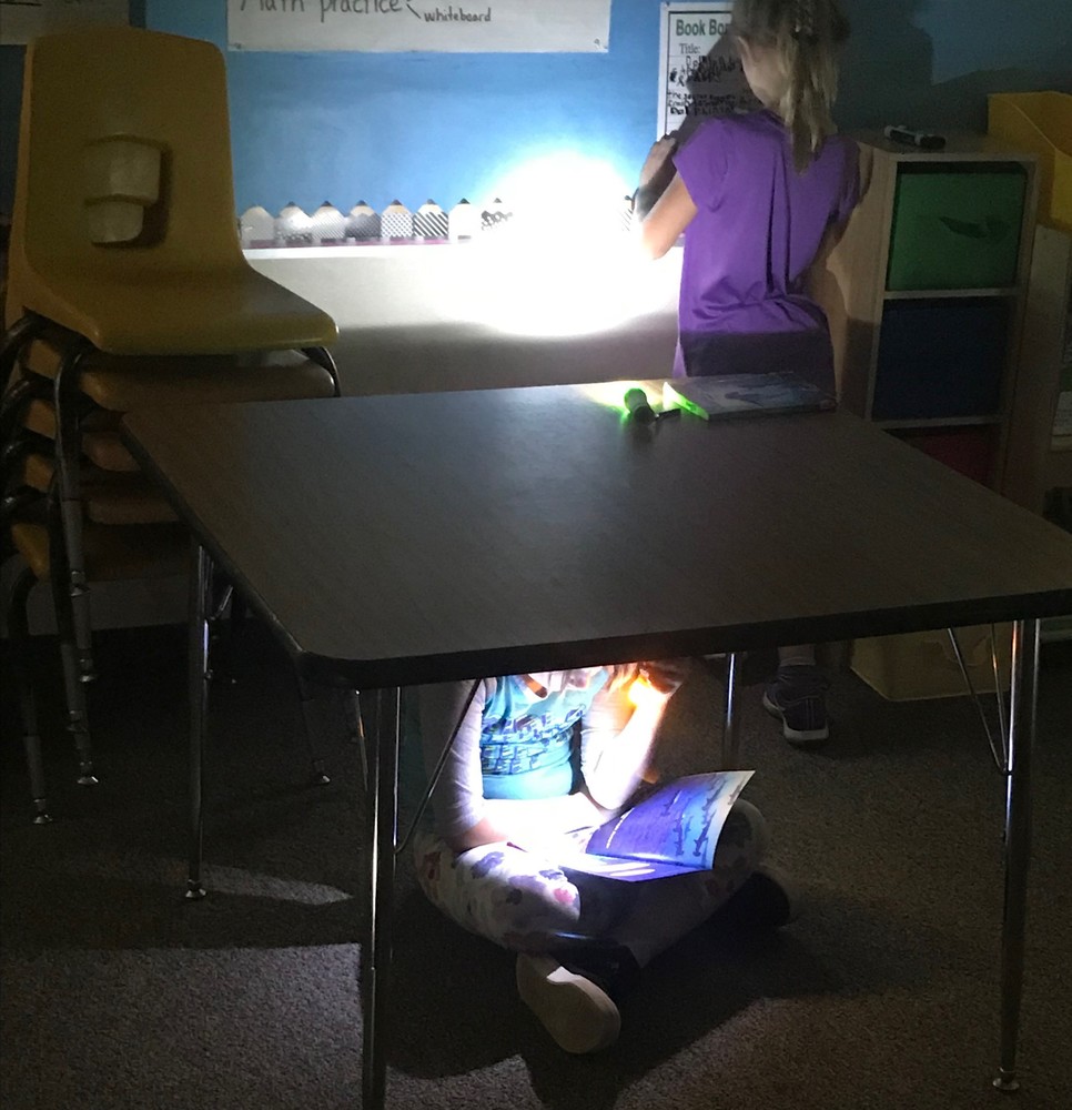 Second Graders Reading with Flashlights